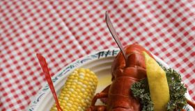 Lobster with corn and drawn butter, overhead view