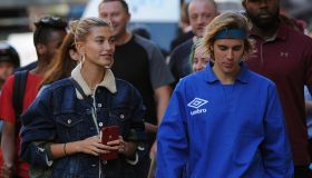 Justin Bieber and fiancee Hailey Baldwin enjoy a walk in Central London, stopping for a drink and a bite to eat in coffee shop Joe & The Juice.