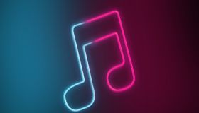 Neon light of musical tone with red and blue colors. Streaming music services for mobile devices.